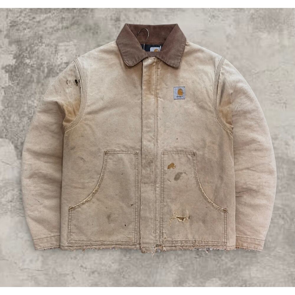 Carhartt Distressed J22 Detroit Jacket Tan Duck Canvas Size Large Boxy Cropped